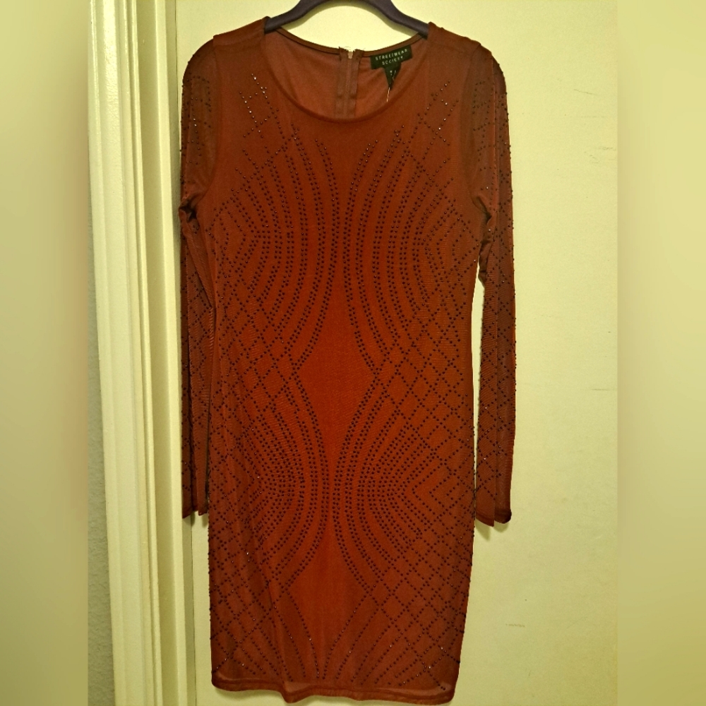 Burgundy Long sleeve dress with Black rhinestones